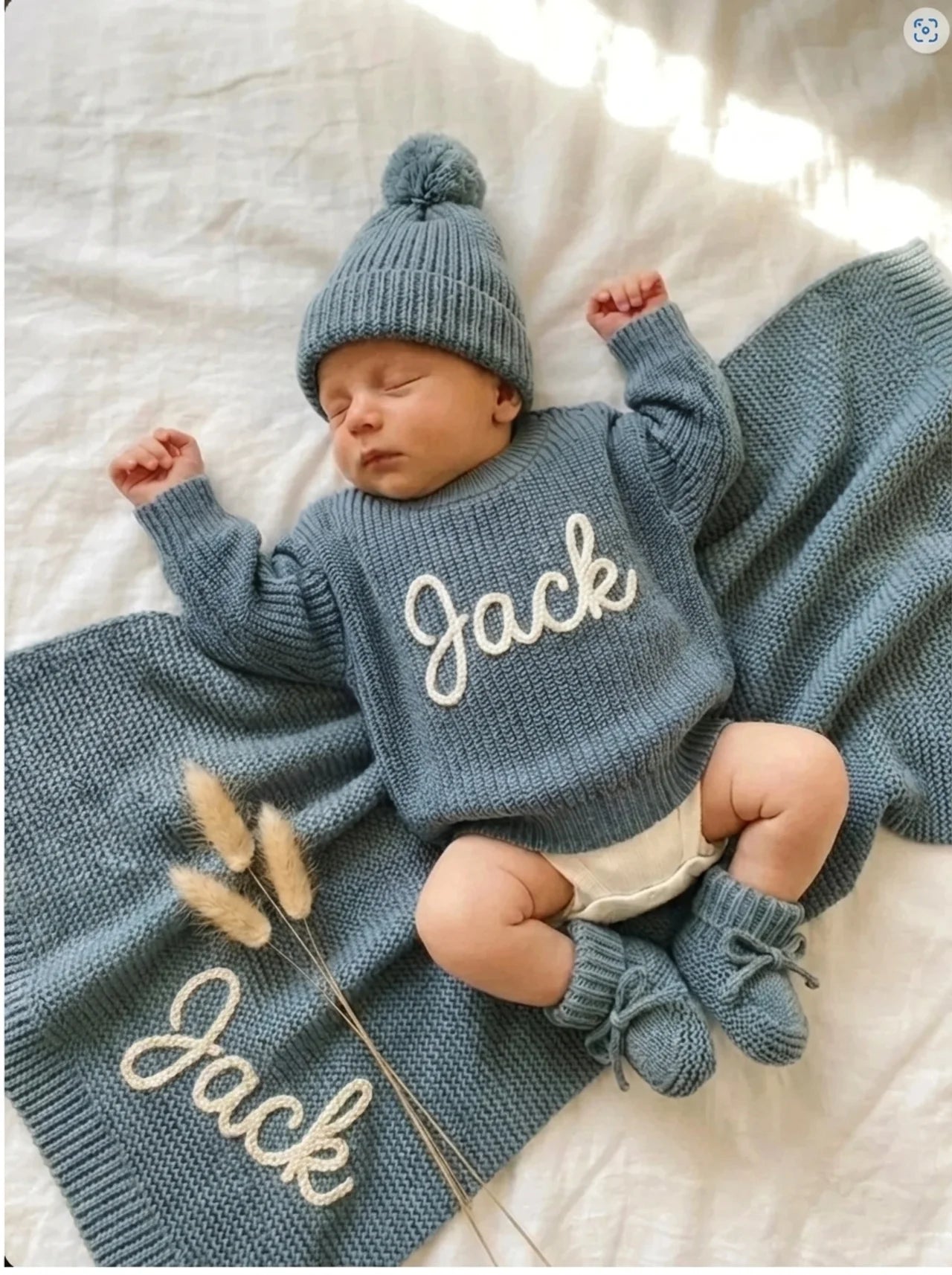 Personalized Baby Knit Gift Set | Sweater, Blanket, Beanie & Booties