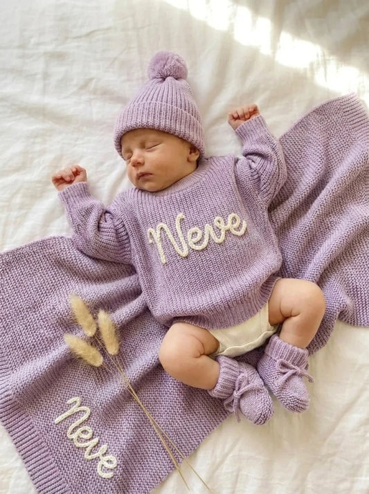 Personalized Baby Knit Gift Set | Sweater, Blanket, Beanie & Booties