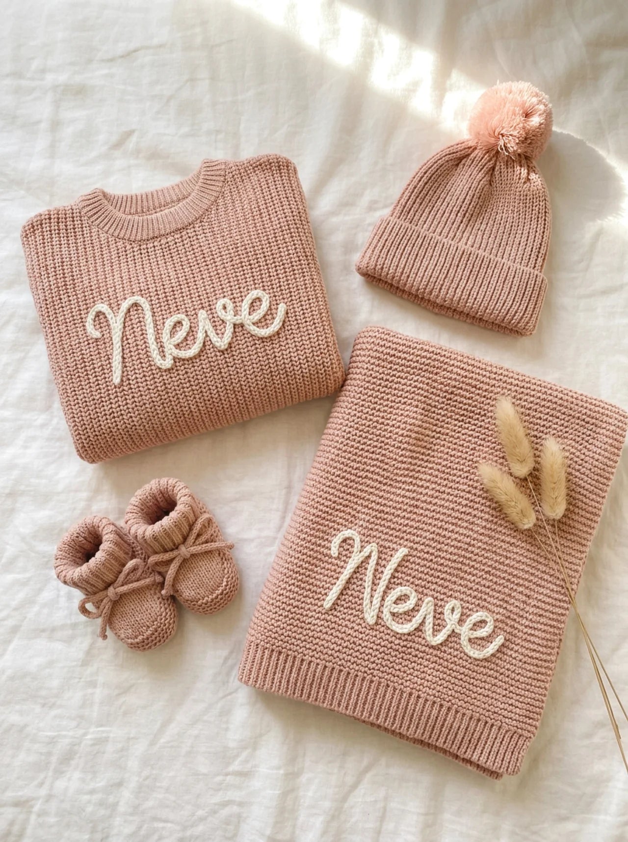 Personalized Baby Knit Gift Set | Sweater, Blanket, Beanie & Booties